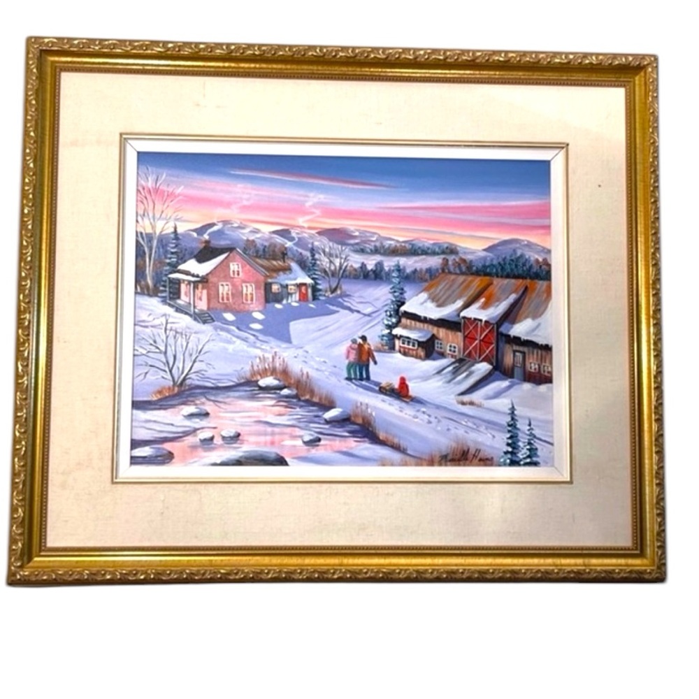 Murielle Hains  signed Oil on Canvas winter scene Painting